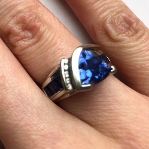 Solid Gold 10K White Gold Trillion Cut Blue Sapphire Ring